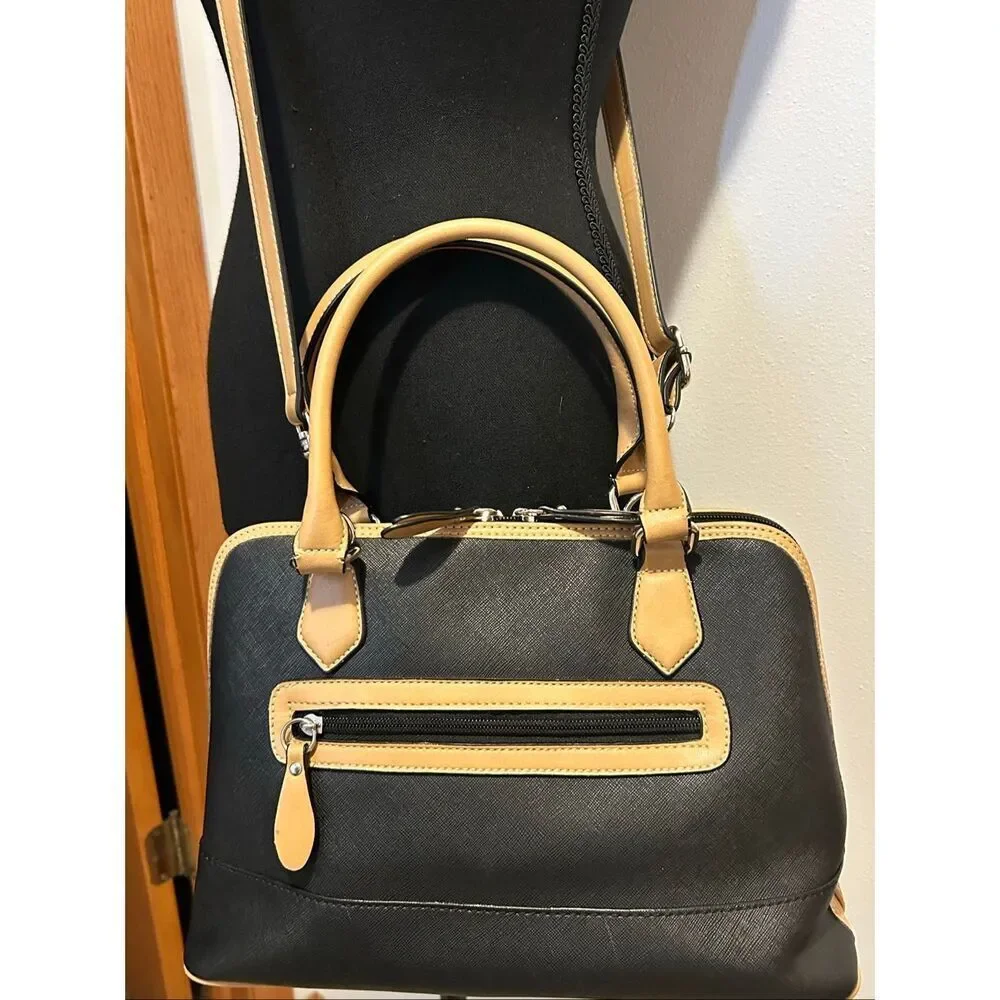 Giani Bernini Black Saffiano Dome Satchel Bag Tan Trim Crossbody Bag EUC